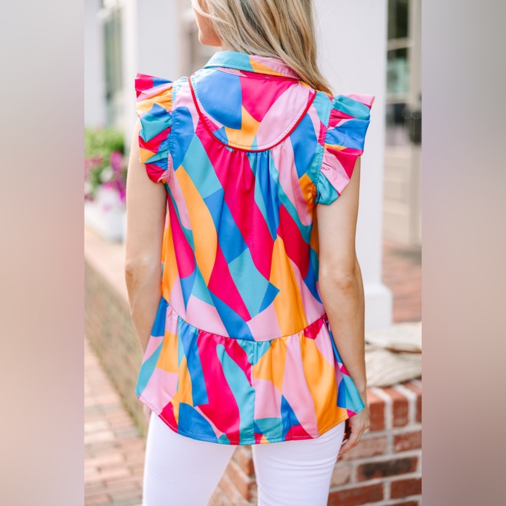 Abstract Colorful Geometric Ruffle Sleeve Top L Large Umgee - Picture 6 of 10